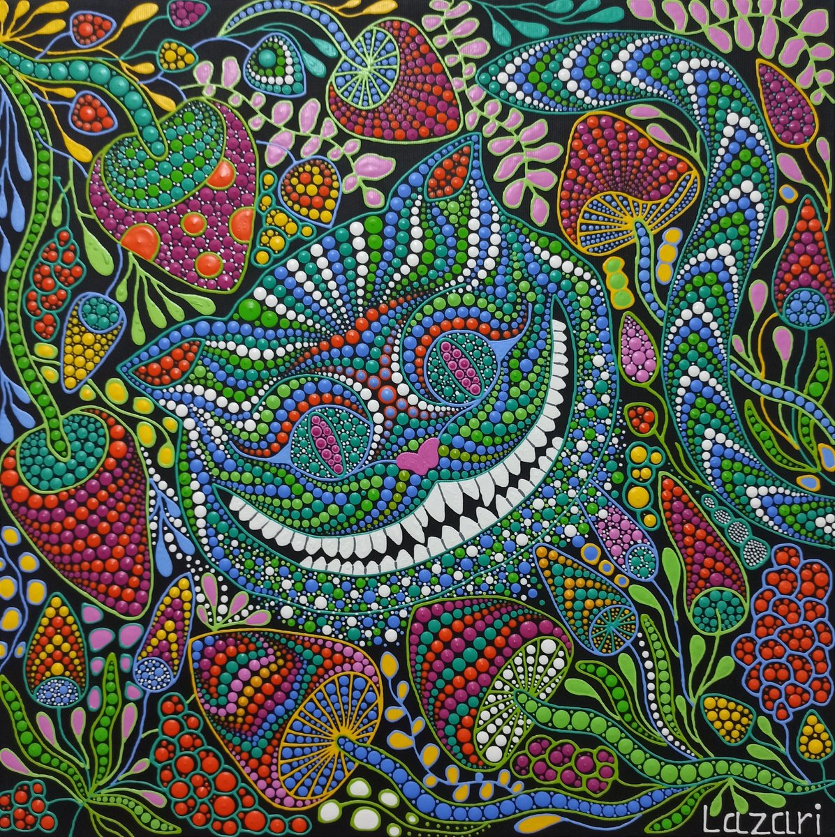 Expressive Animal Acrylic Painting By Oxana Lazari, 20 X 20", Cheshire Cat With Mushrooms, Original Artwork