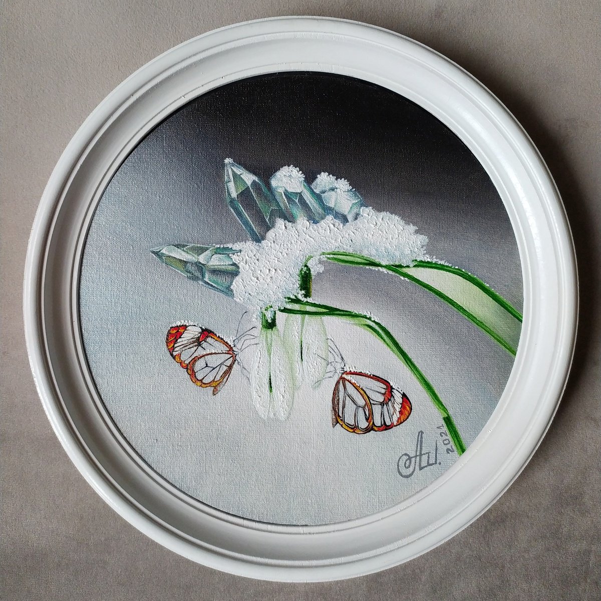 Photorealistic Botanical Oil Painting By Anna Shabalova, 9 X 9, Crystal Whisper Of The Butterflies, Original Artwork