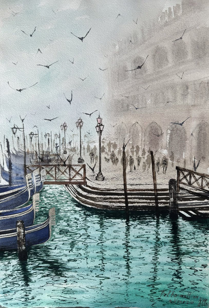 Cityscapes Watercolour By Yuliia Sharapova, 15 X 22", Bella Mattina A Venezia, Original Artwork