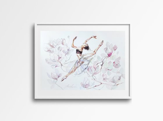 Ballet Art, Ballerina drawing on paper, Flowers girl drawing