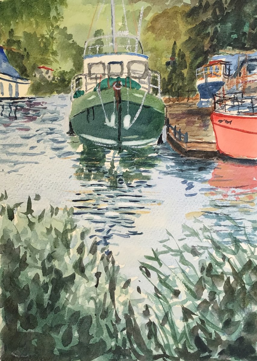 Boats at anchor, an original watercolour painting by Julian Lovegrove Art