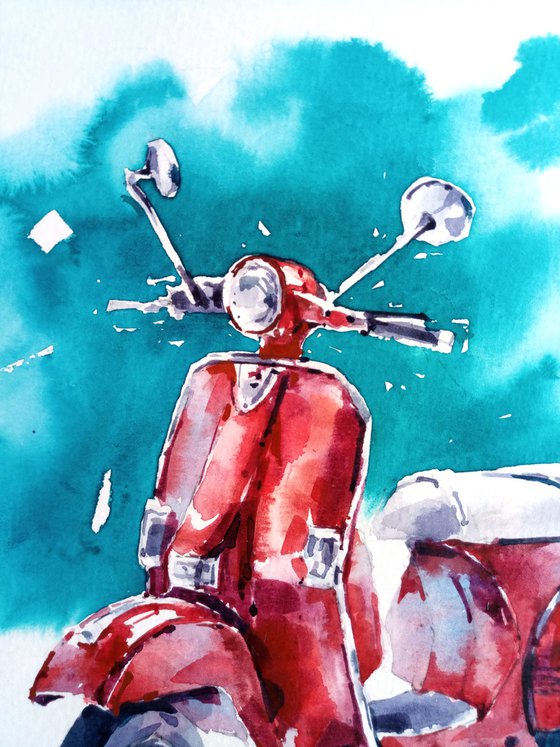 "Retro motorcycle" original watercolor artwork adventure road
