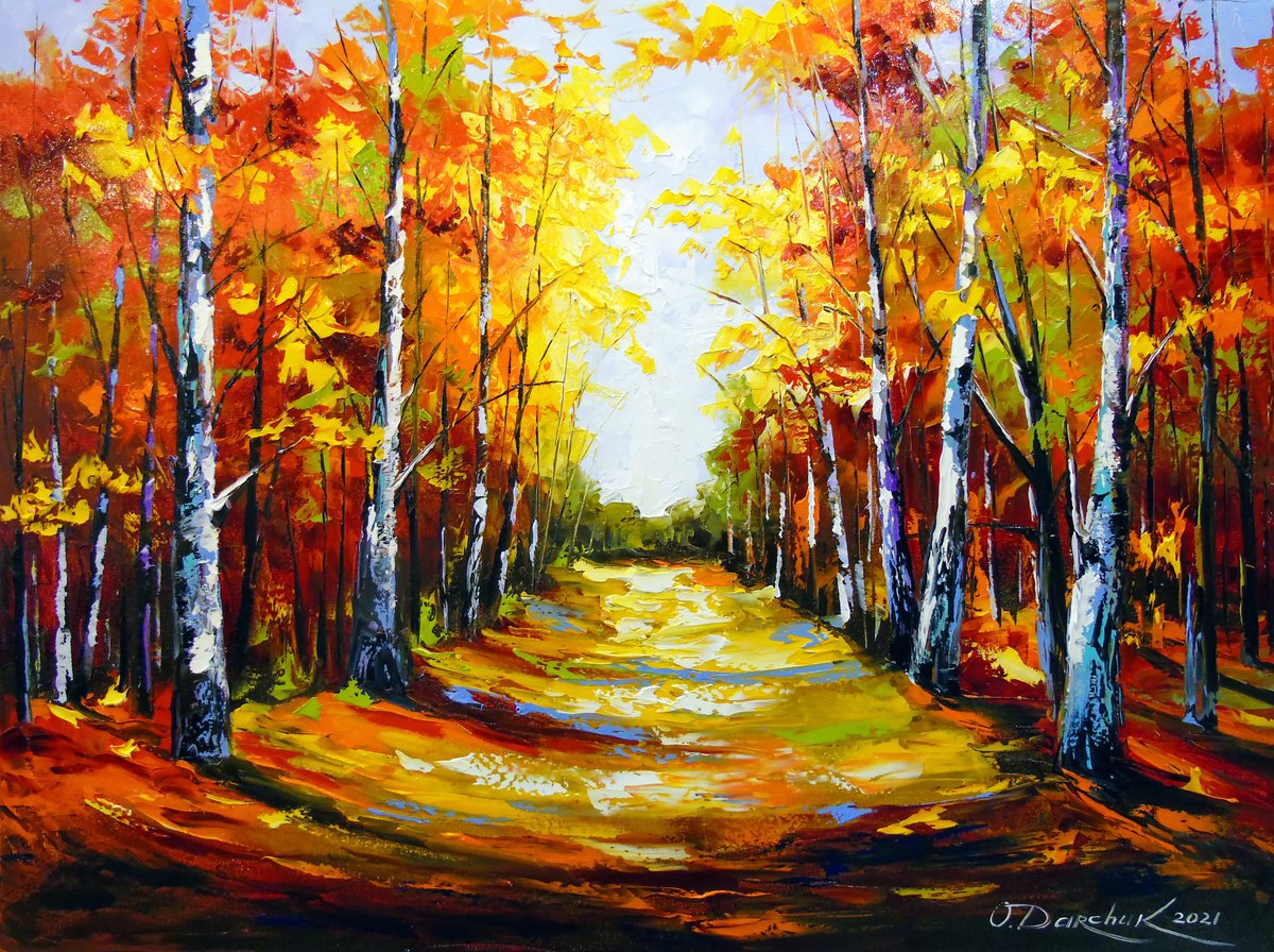 Impressionistic Landscape Oil Painting By Olha Darchuk, 31 X 24", Birch Road To Light, Original Artwork