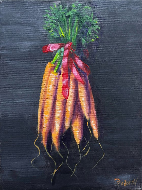 Still Life with Carrots and Red Ribbon