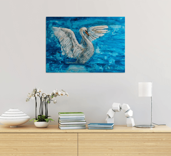 SWAN- Soft pastel and watercolor drawing on paper, love art, bright  color,bird, lake, blue drawing, family, water, home decor, gift idea,  painting for bedroom, love, Valentine's day. Mixed-media painting by  Tatsiana Ilyina