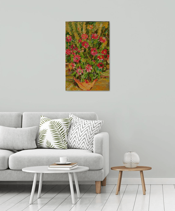 Spring Flowers - Still Life - Oil Painting - Red Flowers in Vase - Floral Art - Medium Size - Gift Art