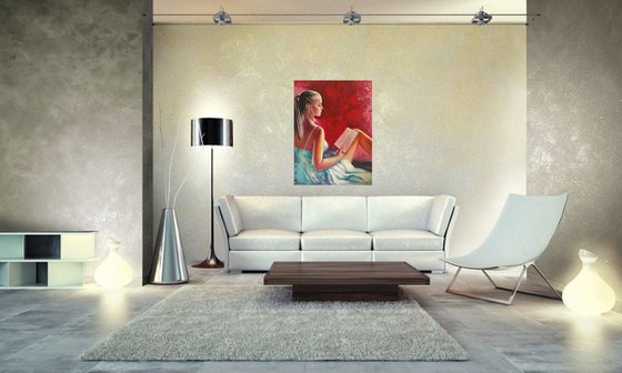 Girl with a book - 60 x 80cm Original Oil Painting