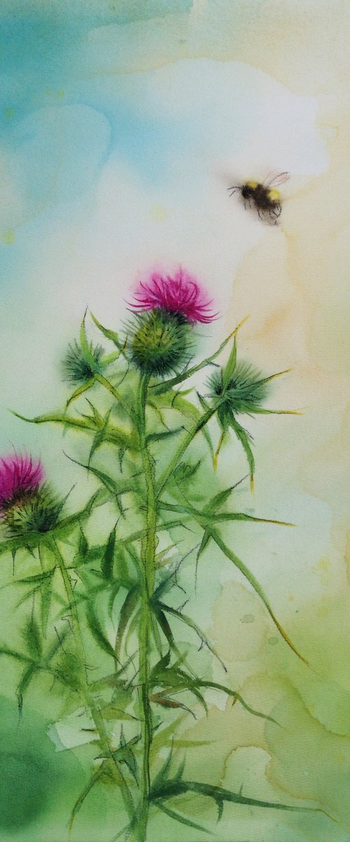 Bumble Bee and Thistle Flower by Olga Beliaeva Watercolour