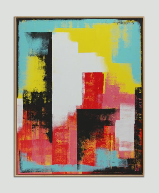 Vertical Abstract Painting - Incl Frame - Untitled in Yellow & Red - 95x115cm - Ronald Hunter - 06J