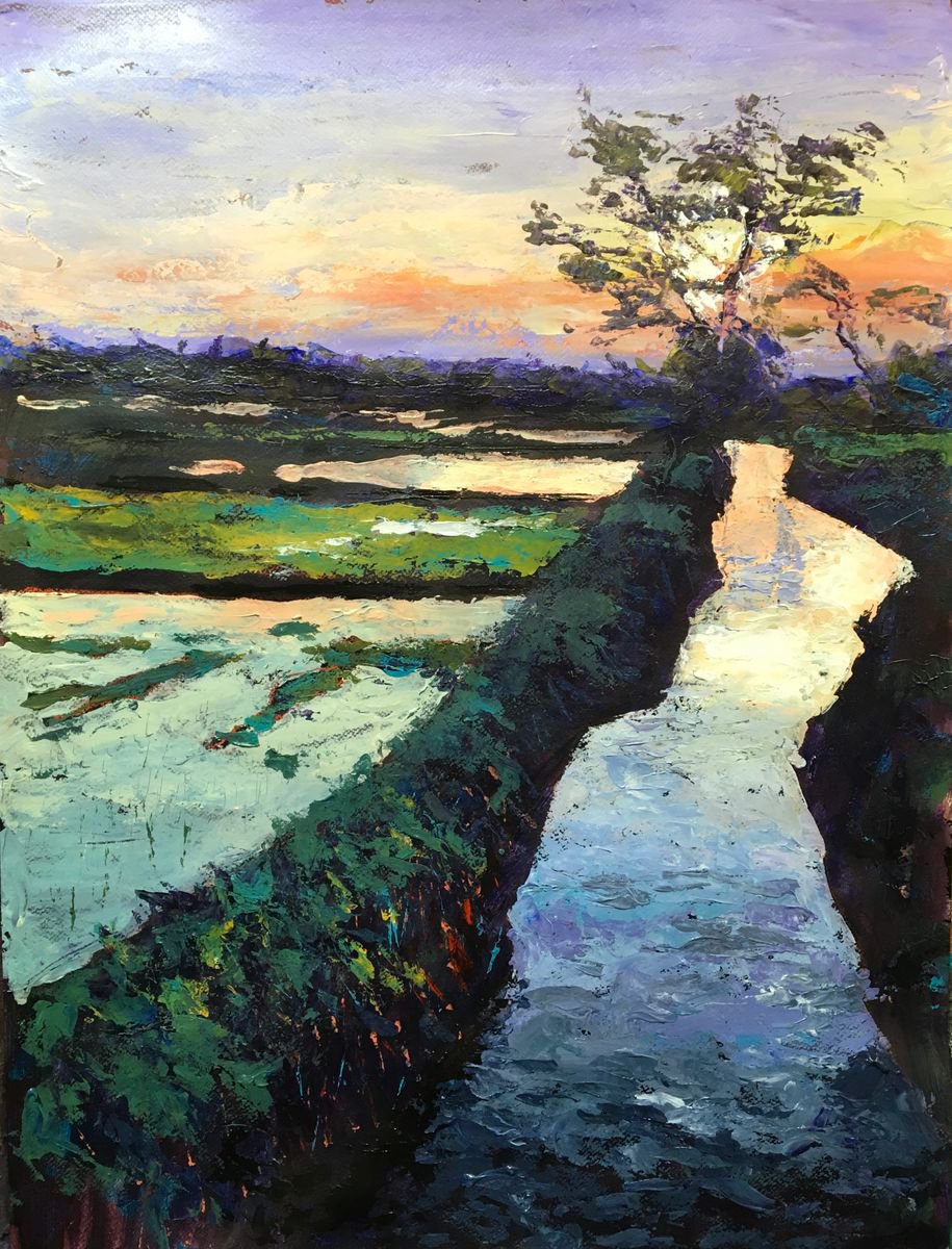 Expressive Landscape Acrylic Painting By John Cottee, 22 X 30, Flooded Fields, Original Artwork