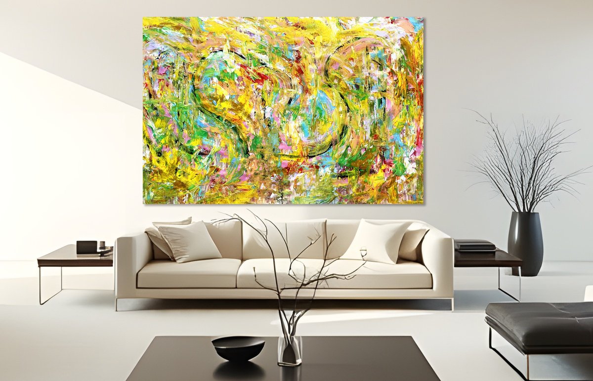 Organic Abstract Acrylic Painting By Estelle Asmodelle, 78 X 52, My Secret Yellow, Original Artwork