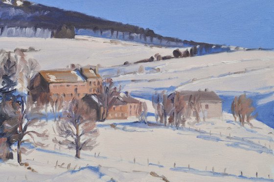 Snowy Farms at the Foot of Mount Alambre