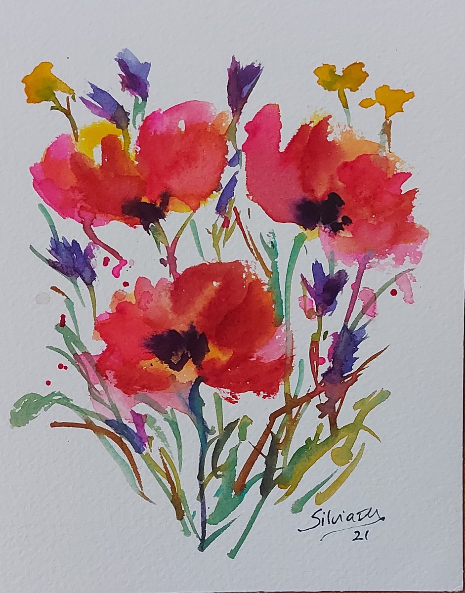 Poppies and yellow flowers by Silvia Flores Vitiello
