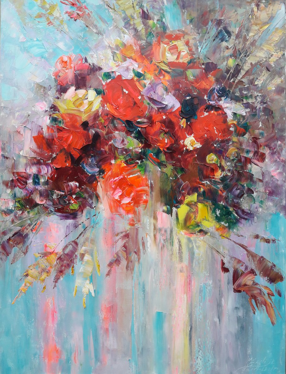painting Bouquet Red roses, Red Rose Painting, Flower Original Art, Floral Wall Art Painti... by Kseniya Kovalenko