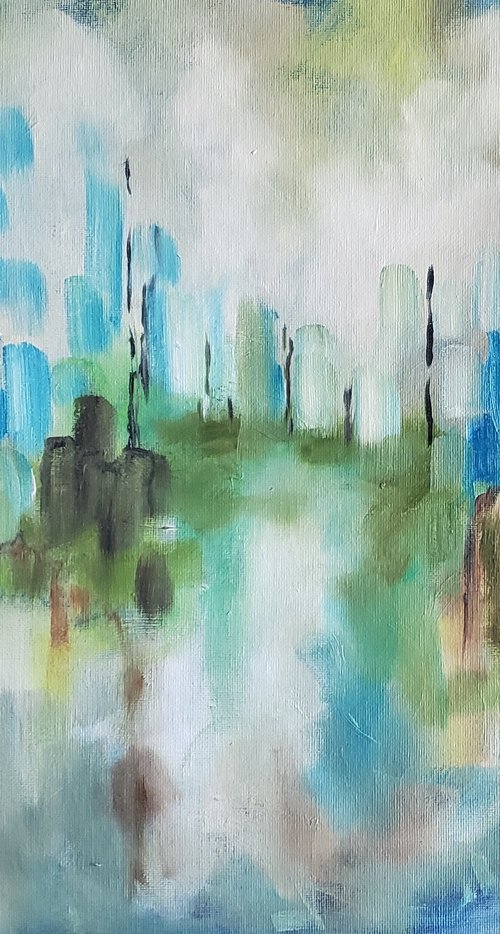 "Sunrise in the Forest" - Landscape - Abstract - Trees by Katrina Case