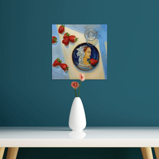 Still life with a plate, stawberries and a glass Romantic Impressionism (2020) 12x12 in. (30x30 cm)