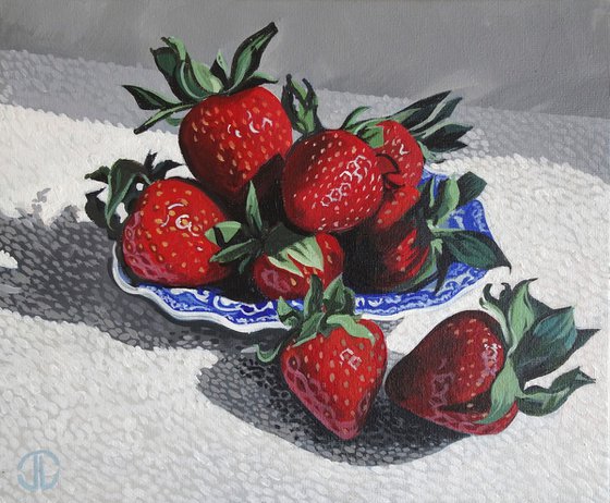 Strawberries on Blue And White Dish