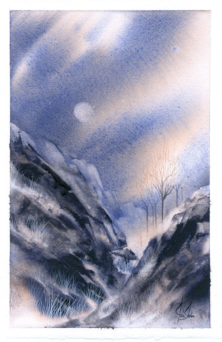 Impressionistic Landscape Watercolour By Ieva Janu, 7 X 11, Mountains Xi, Original Artwork