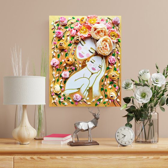 Love Mother Earth and baby. Summer floral woman with flowers