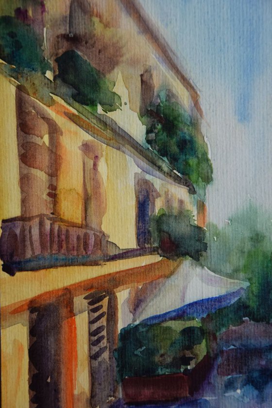 Italy old town original watercolor painting, summer abstract cityscape Europe