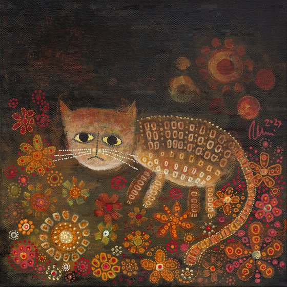 Felis Catus Botanicus III. - Cat in the Garden acrylic painting