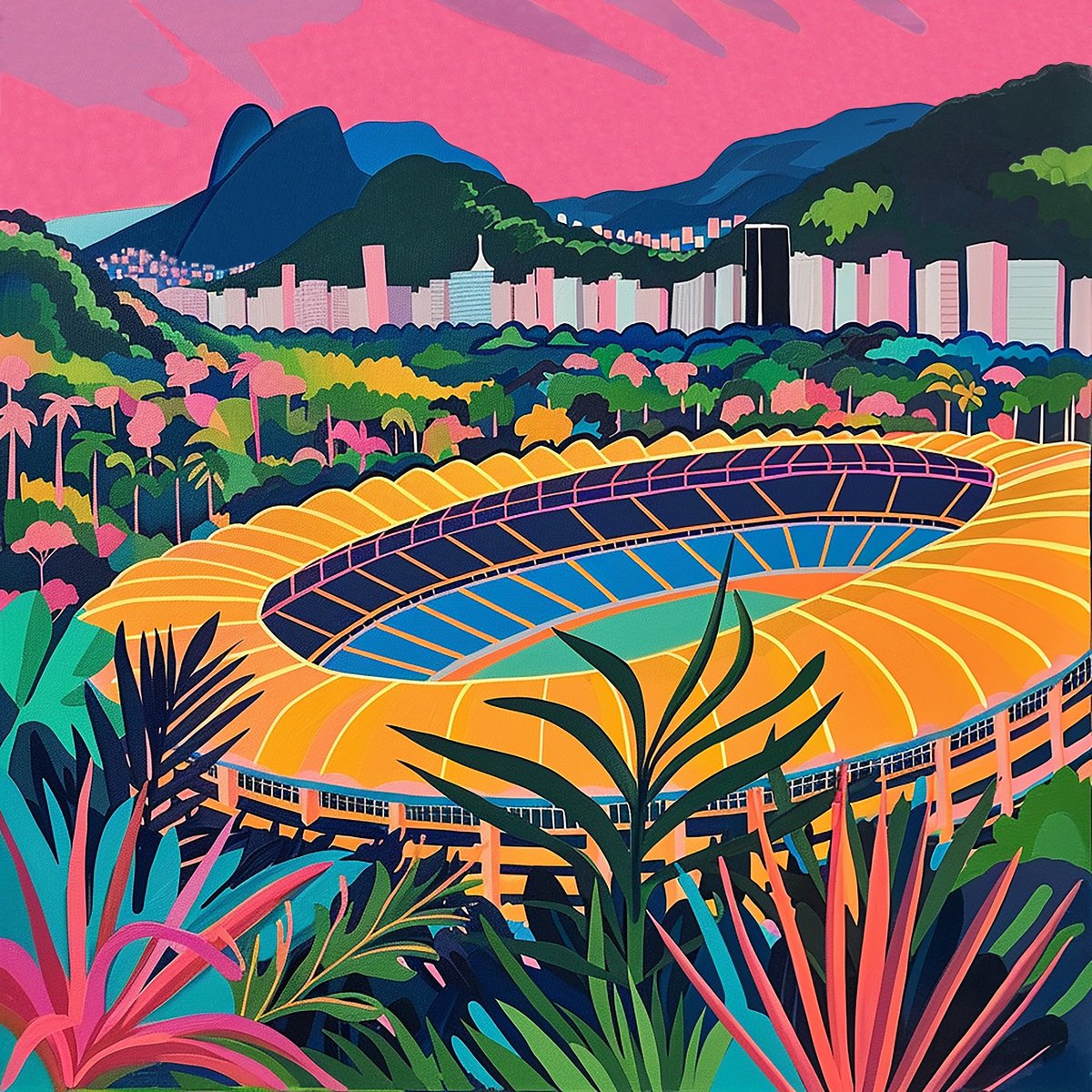 Impressionistic Landscape Acrylic Painting By Kosta Morr, 24 X 24", Maracana Stadium, Original Artwork