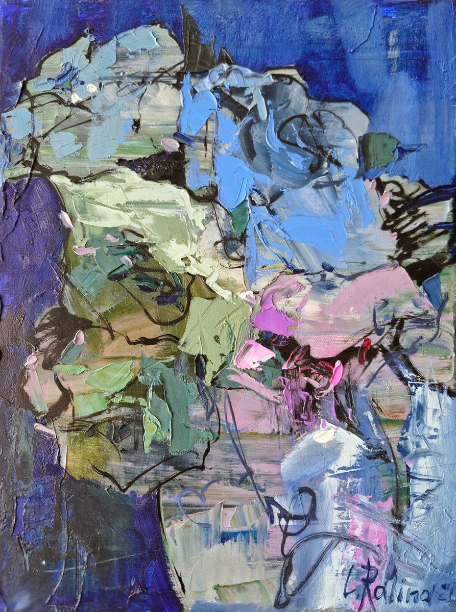 Naive Abstract Oil Painting By Yelena Ralina, 12 X 16", Whispering Bloom, Original Artwork
