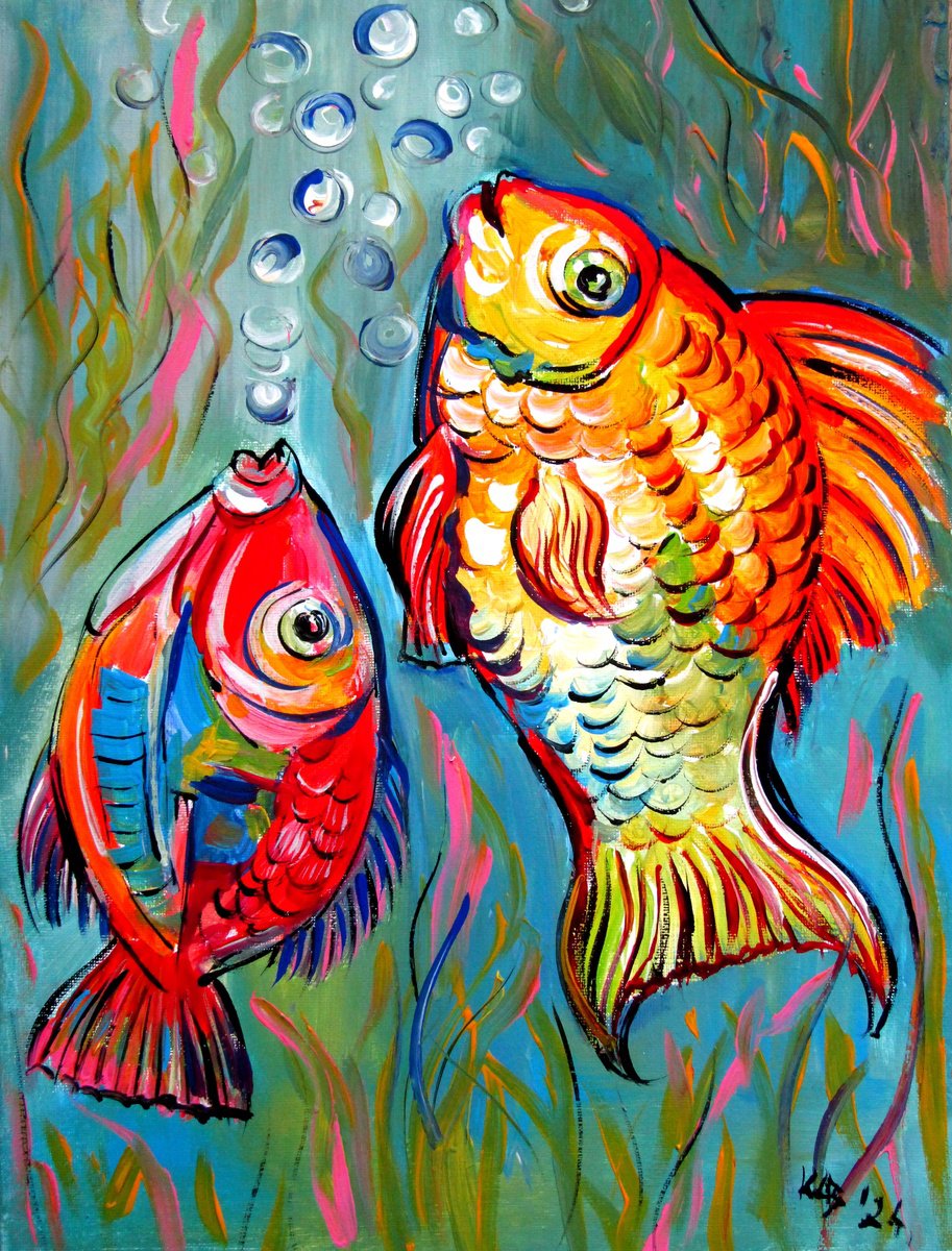 Impressionistic Animal Acrylic Painting By Kovacs Anna Brigitta, 12 X 16", Fish, Original Artwork