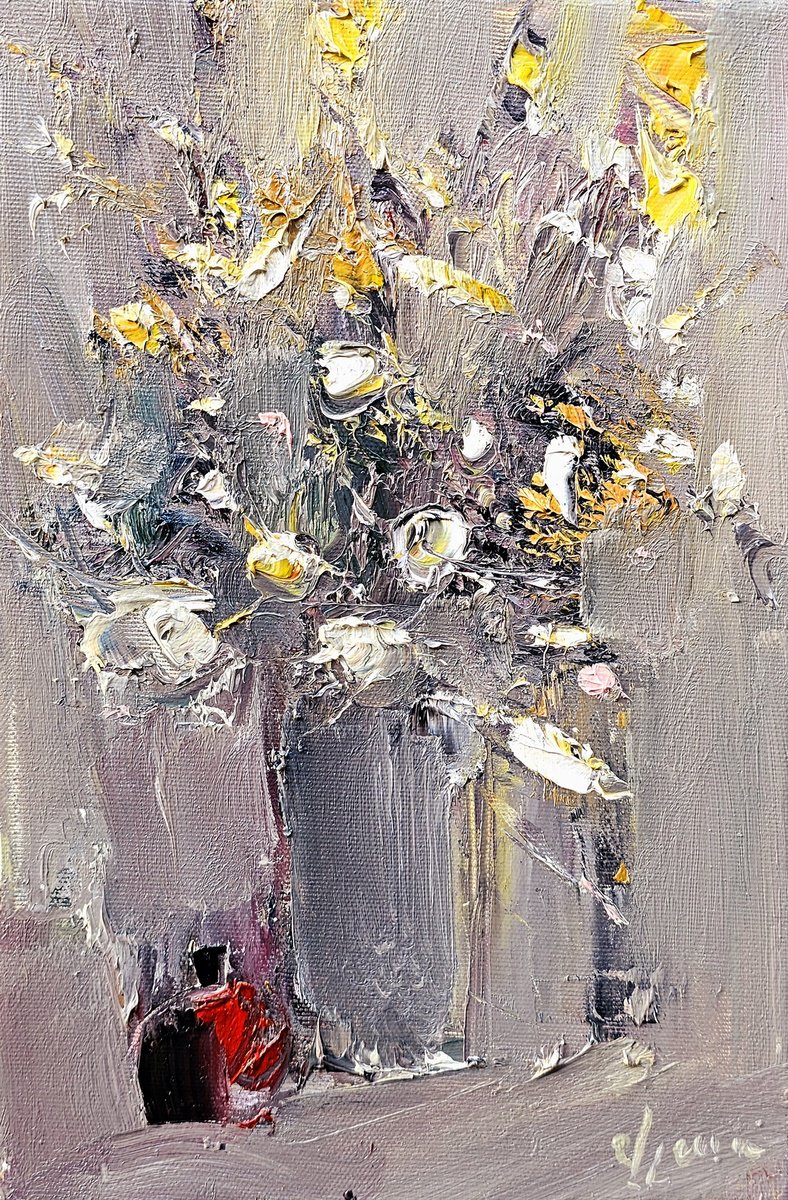 Abstract Still Life Oil Painting By Vlas Ayvazyan, 8 X 12", Shades Of Elegance, Original Artwork