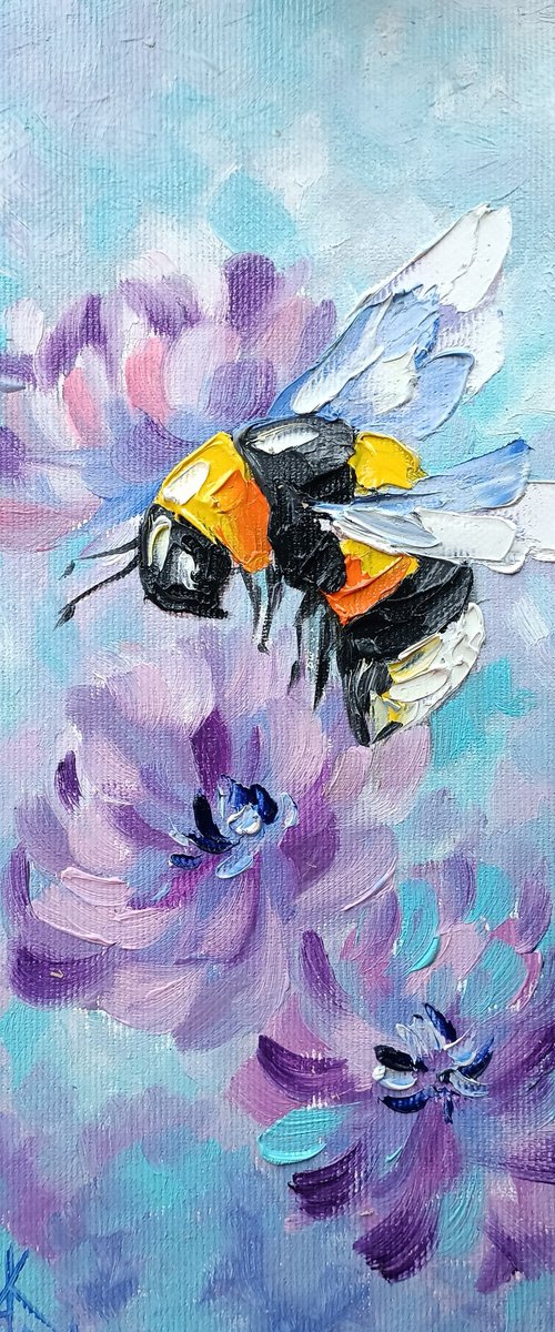 In flight over the beautiful - bumblebee insects, oil painting, canvas, flowers, bumblebee, bumblebee oil, painting, gift, gift idea, insects by Anastasia Kozorez