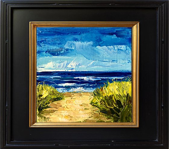 WALKING TO THE BEACH, Original Textural Impressionist Square Mini Landscape Oil Painting