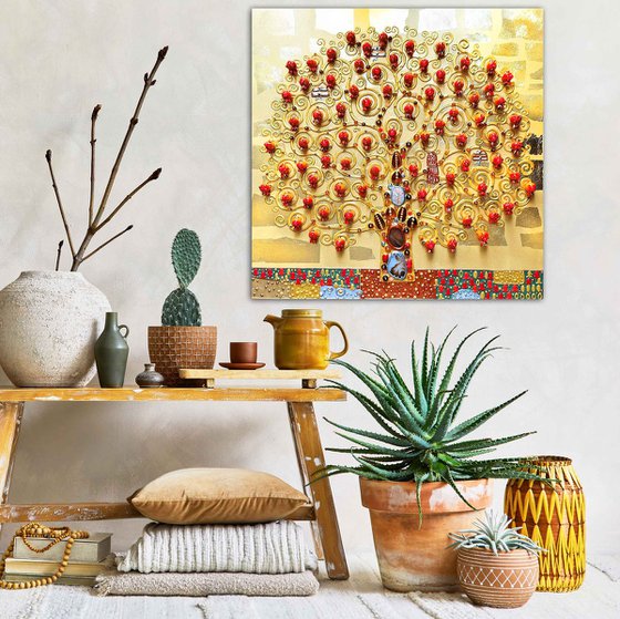 Amber Pomegranate Tree. Decorative wooden relief textured wall sculpture with precious stones