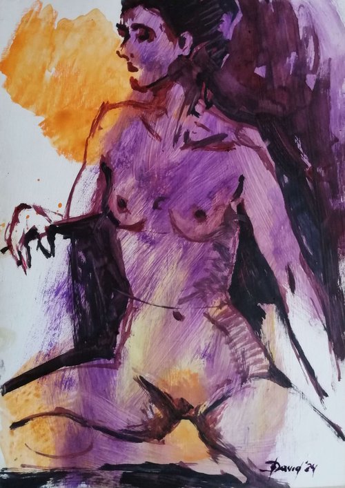 Nude lila study women oil on paper by Olga David