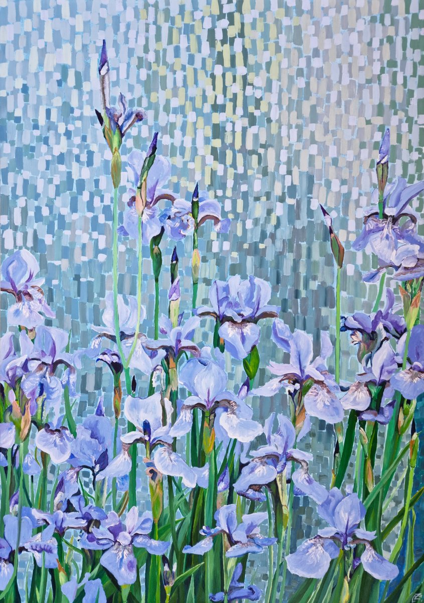 Impressionistic Botanical Oil Painting By Zulfiya Mukhamadeyeva, 28 X 39", Blue Miracle, Original Artwork