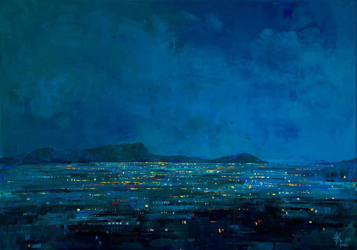 Expressive Cityscapes Oil Painting By Zhanna Kondratenko, 39 X 28", The Dark Blue Symphony, Original Artwork