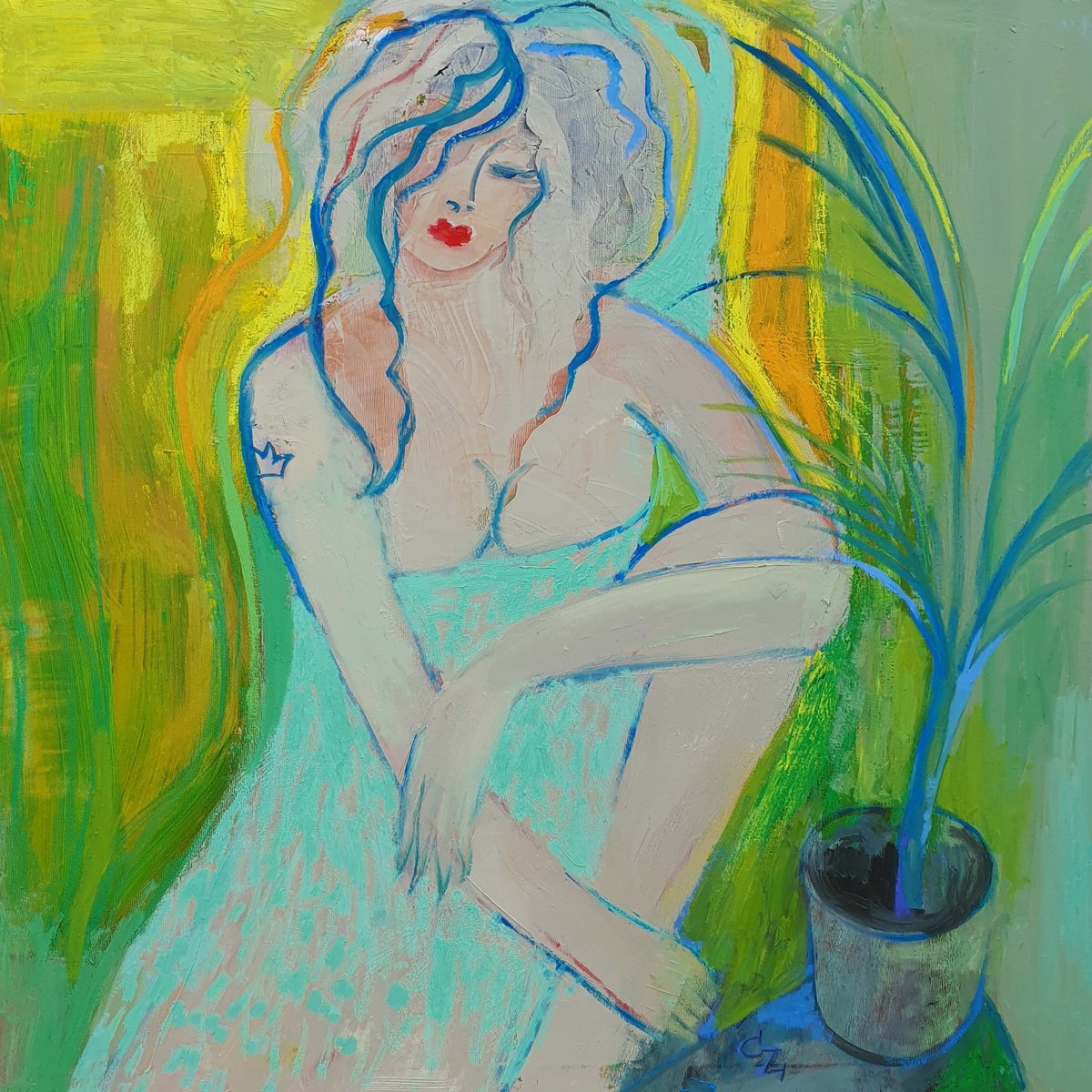 Expressive Portrait Oil Painting By Victoria Cozmolici, 31 X 31", First Tattoo, Original Artwork