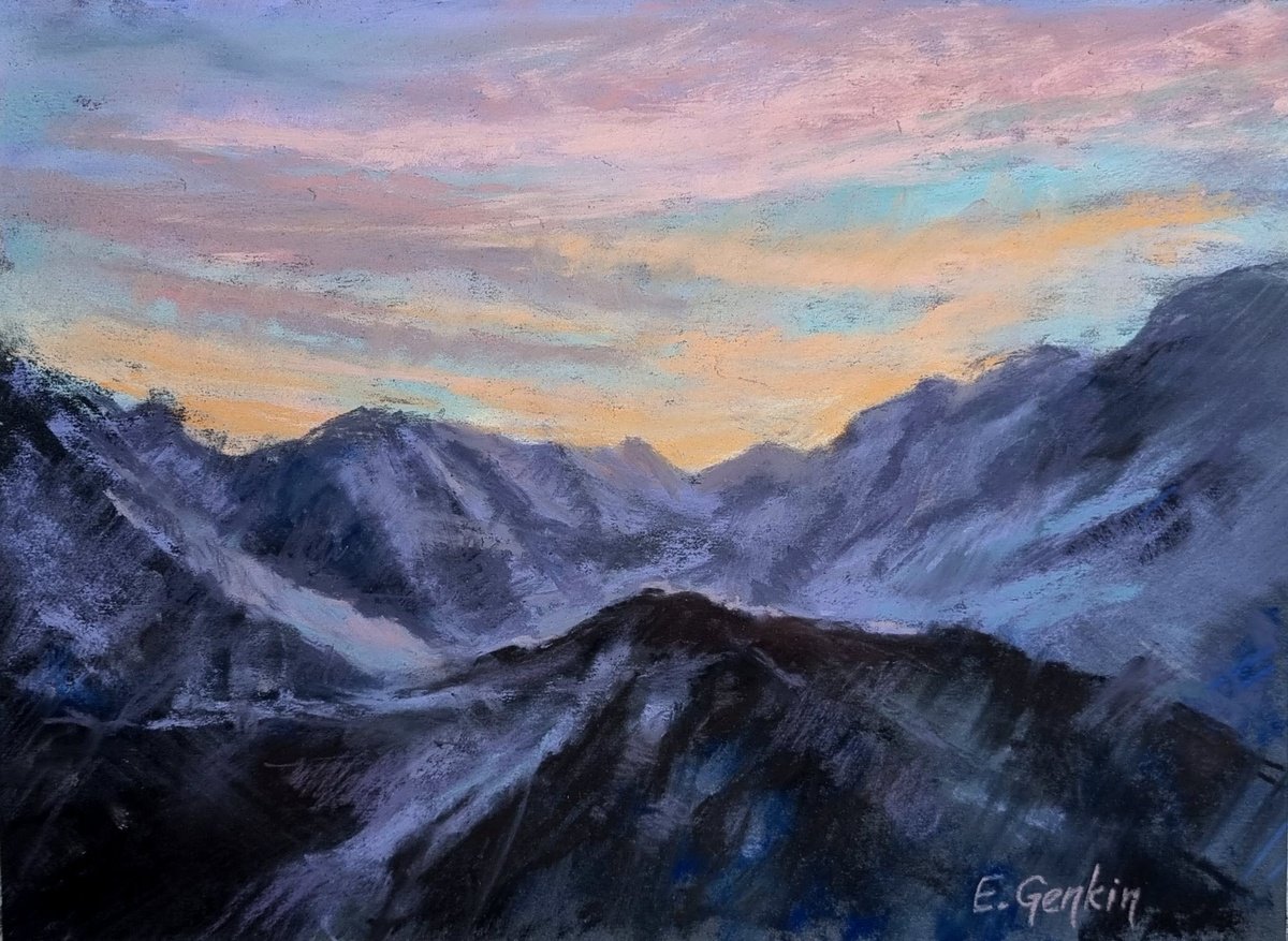 Impressionistic Landscape Pastel Drawing By Elena Genkin, 12 X 9, Alpine Sunset, Original Artwork