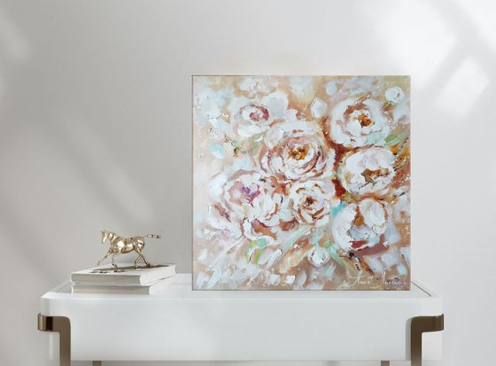 Peonies flowers painting, Textural painting on canvas