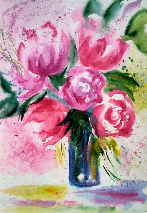 Peonies Painting Floral Original Art Flowers Watercolor Artwork Peony Small Wall Art 12 by 17" by Halyna Kirichenko by Halyna Kirichenko