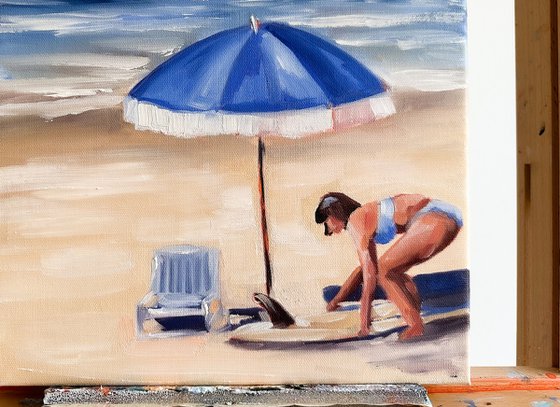 Surf Breaktime - Woman on Beach Painting