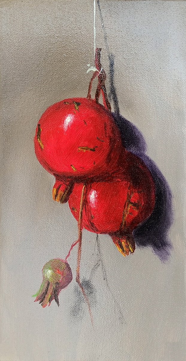 Photorealistic Still Life Oil Painting By Arayik Muradyan, 8 X 16, Ruby Of The Orchard, Original Artwork