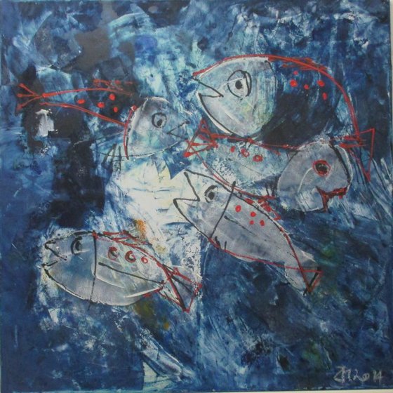 blue Fishes expressive xl painting