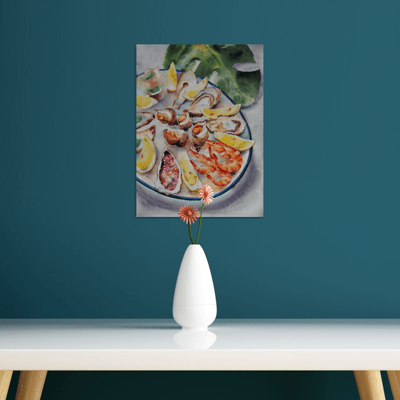 Seafood plate - original meditterianean kitchen watercolor