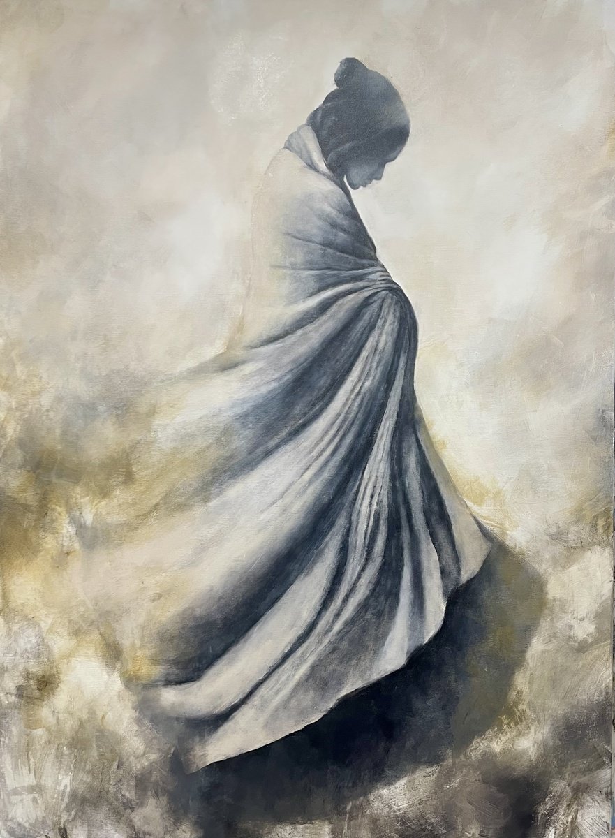 Expressive Portrait Acrylic Painting By Miri Baruch, 31 X 43", Contemplation, Original Artwork