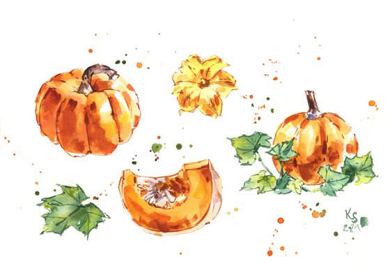 "Pumpkin in dotted drops. Expressive sketch" original watercolor illustration