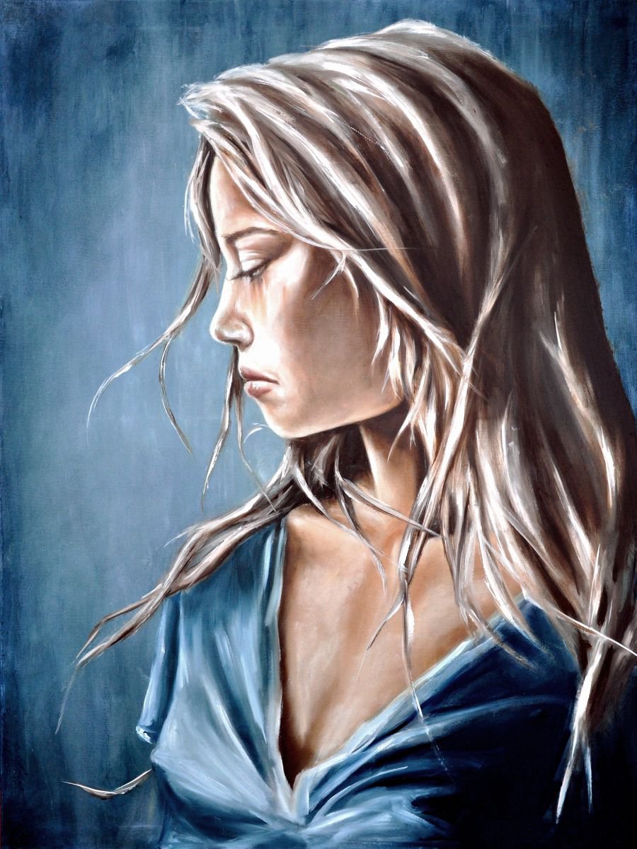 Expressive Portrait Oil Painting By Mullo Art, 30 X 39", Little Girl Blue, Original Artwork