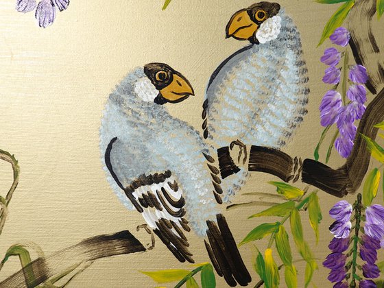 Japanese wisteria and love birds J353 - large gold diiptych, original art, japanese style paintings by artist Ksavera