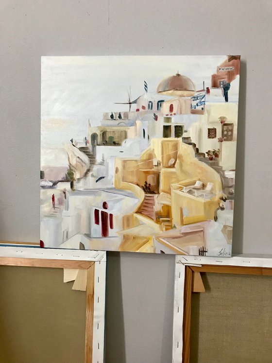 Oil painting with the city "Santorini" 40 * 40 cm