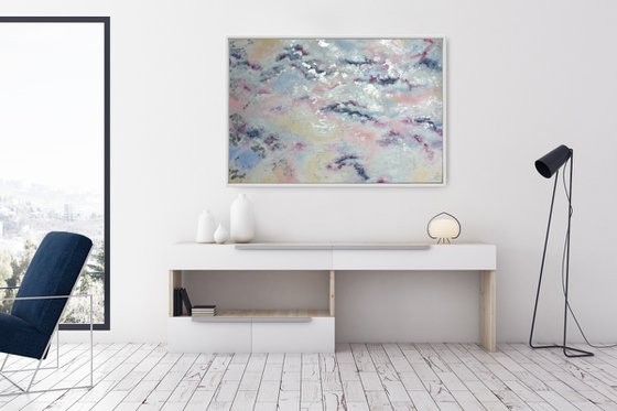 "Somewhere above the clouds" Pastel Abstract Large Painting with Silver Leaf Light Large Artwork 90×60cm