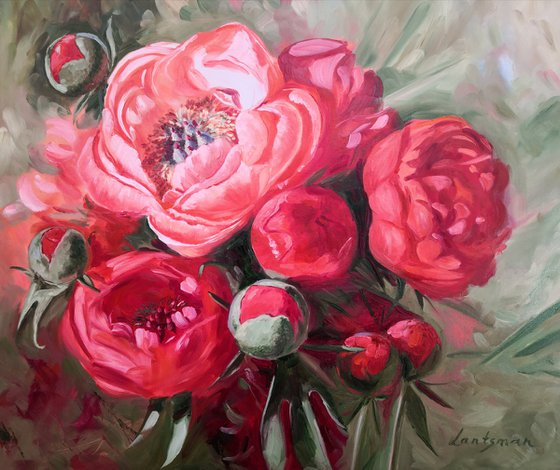 Pink coral peonies bouquet still life